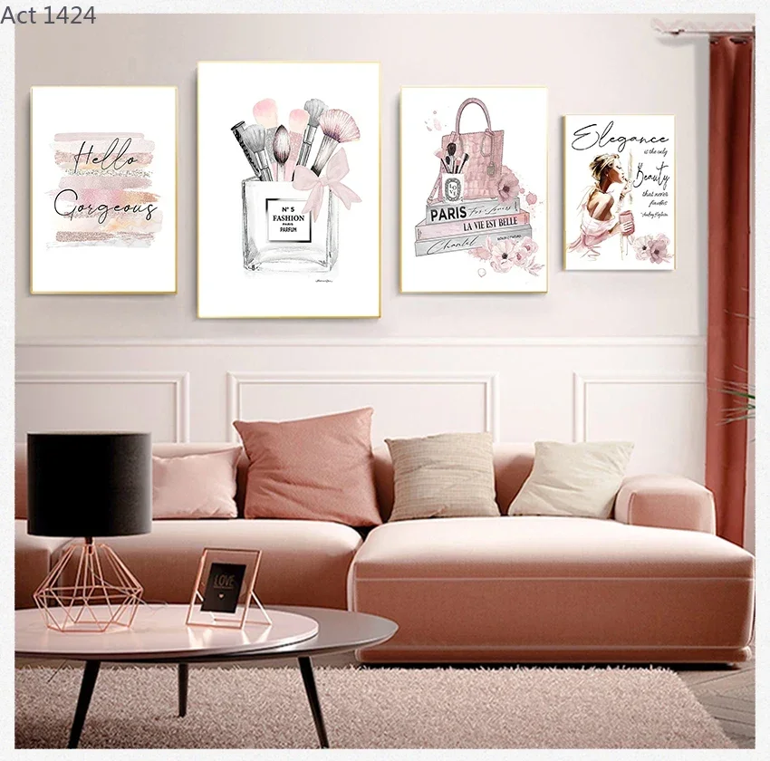 Books Prints Canvas Painting Pink Perfume Wall Pictures Girl Room Decor Fashion Poster Makeup Brushes Beauty Wall Art Fashion