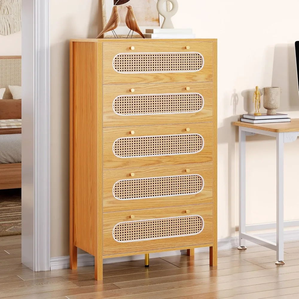 

47" Tall Natural Rattan 5 Drawer Dresser, Boho Dresser Chest of Drawers with Golden Handles, Wood Dresser Storage Cabinet
