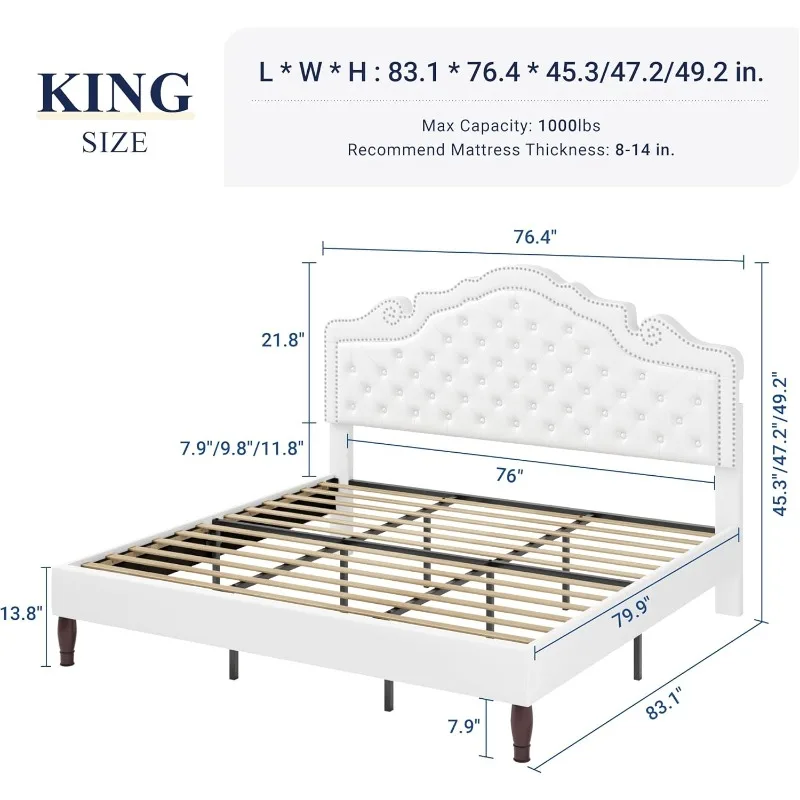 Adjustable Velvet Tiara Headboard, Upholstered Diamond Button Tufted Platform Bed
