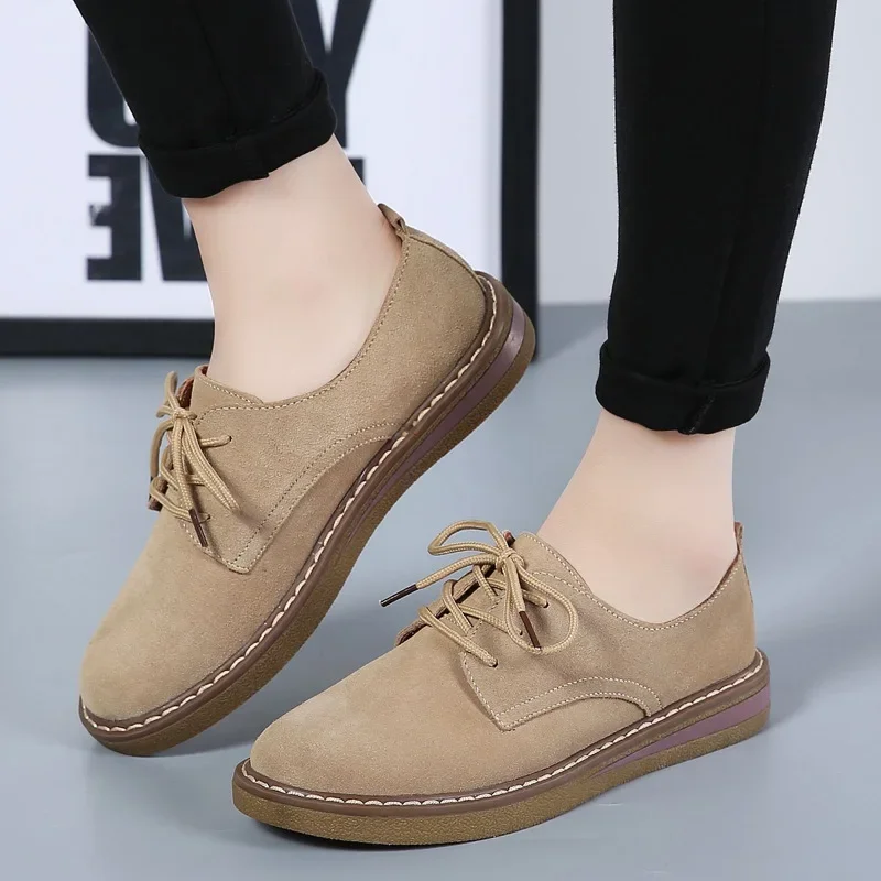 Autumn Winter British Style Suede Leather Shoes for Women Flat Heel Lace Up Casual Shoes Solid Soft Sole Single Shoes Zapatillas