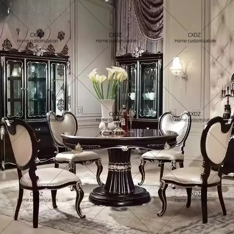 XXneoclassical round dining table and chair combination restaurant furniture hand-carved dining table
