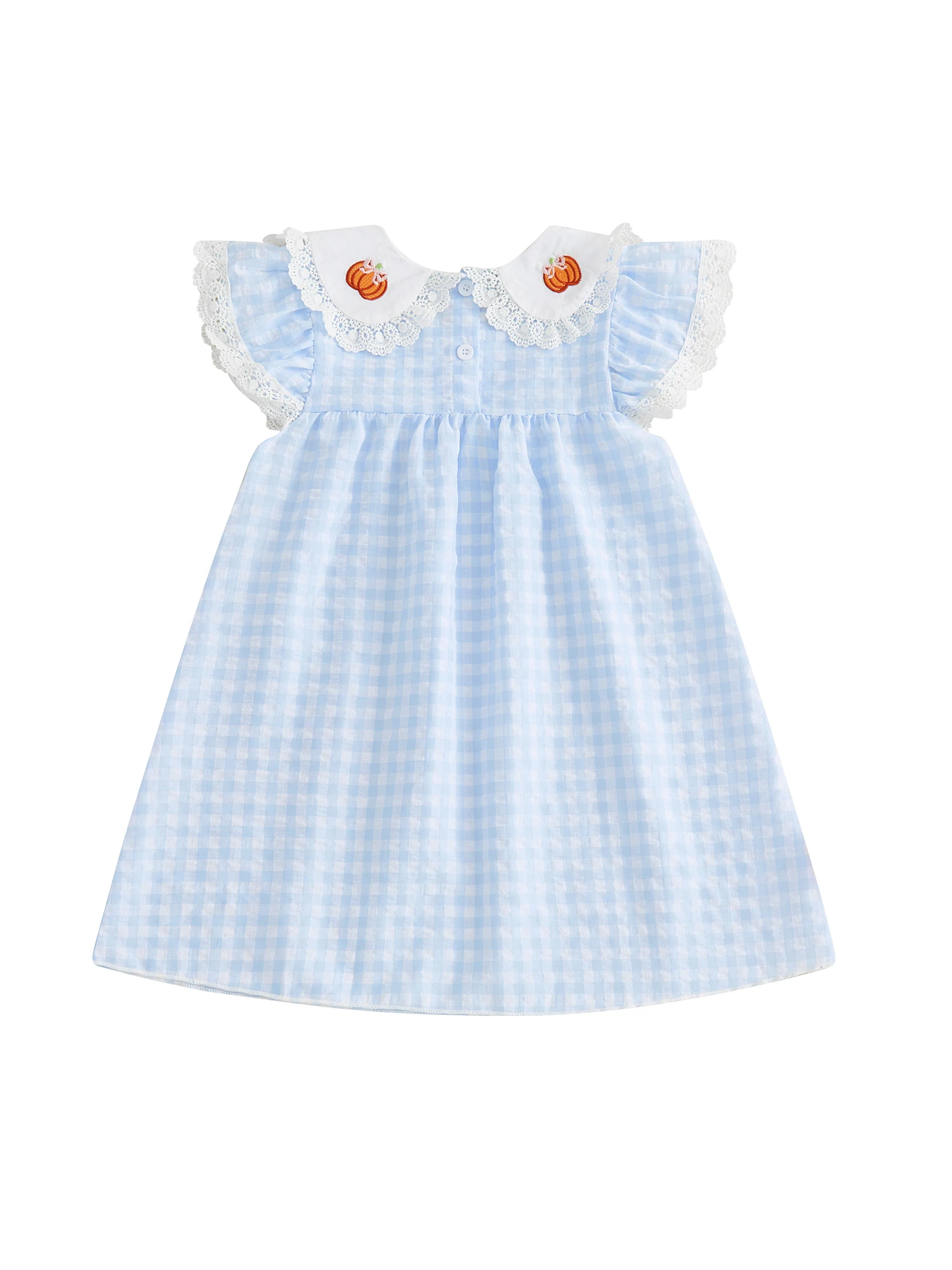 1-6 Jahre Kleinkind Mädchen Halloween-Kleid Niedliches Kürbis-Stickerei Flügelärmel Rundhals Kariertes Spitzenkleid Kostüm – Detail 6