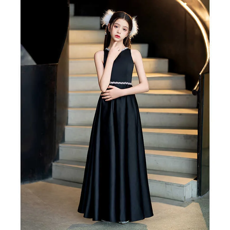 

Formal Wear Black Satin Evening Dress Violin Performance Little Host Girl Simple Daily Wearable Birthday