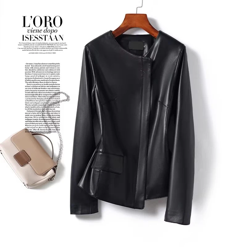 Nova Jaqueta Feminina de Couro Sintético para Primavera e Outono, Moda com Decote Redondo, Manga Longa, Assimétrica, Slim, Casaco Curto Casual