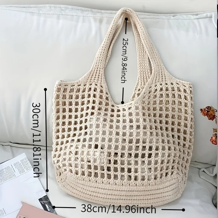 1 bolso de mano de ganchillo para mujer, compras tejidas huecas de gran capacidad con correa fija para el hombro, Ideal para viajes, bolsos para mujer