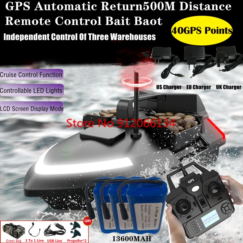 40 GPS Auto Return Remote Control Bait Boat 500M 2KG Load 3 Hopper Smart Alarm 15KM/H High Speed Waterprof RC Fishing Bait Boat
