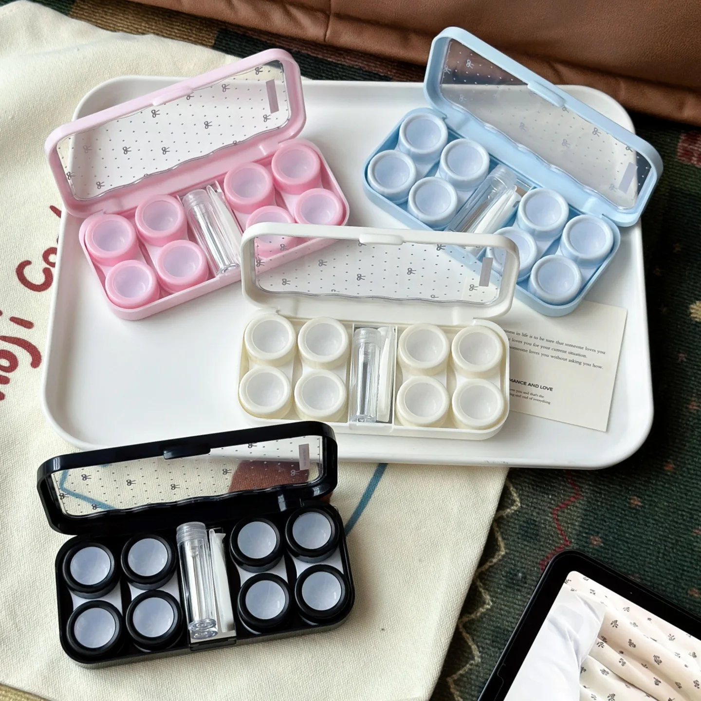 Kawaii Bowknot Dot Contact Lens Case Holder with Tweezers Large Capacity Travel Eyewear Care Container for Women