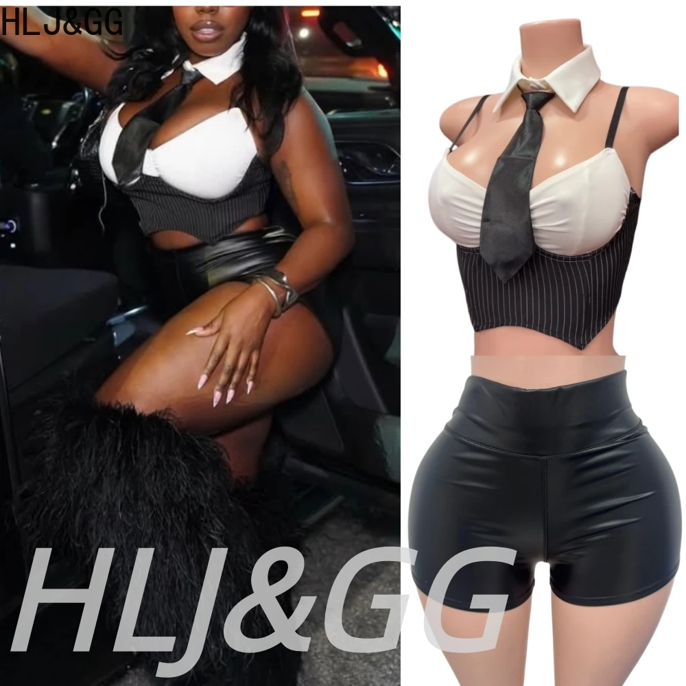 

HLJ&GG Black Sexy Patchwork Hollow Stripe Two Piece Sets Women V Neck Spaghetti Strap Tank Top+Leather Shorts Outfits Streetwear
