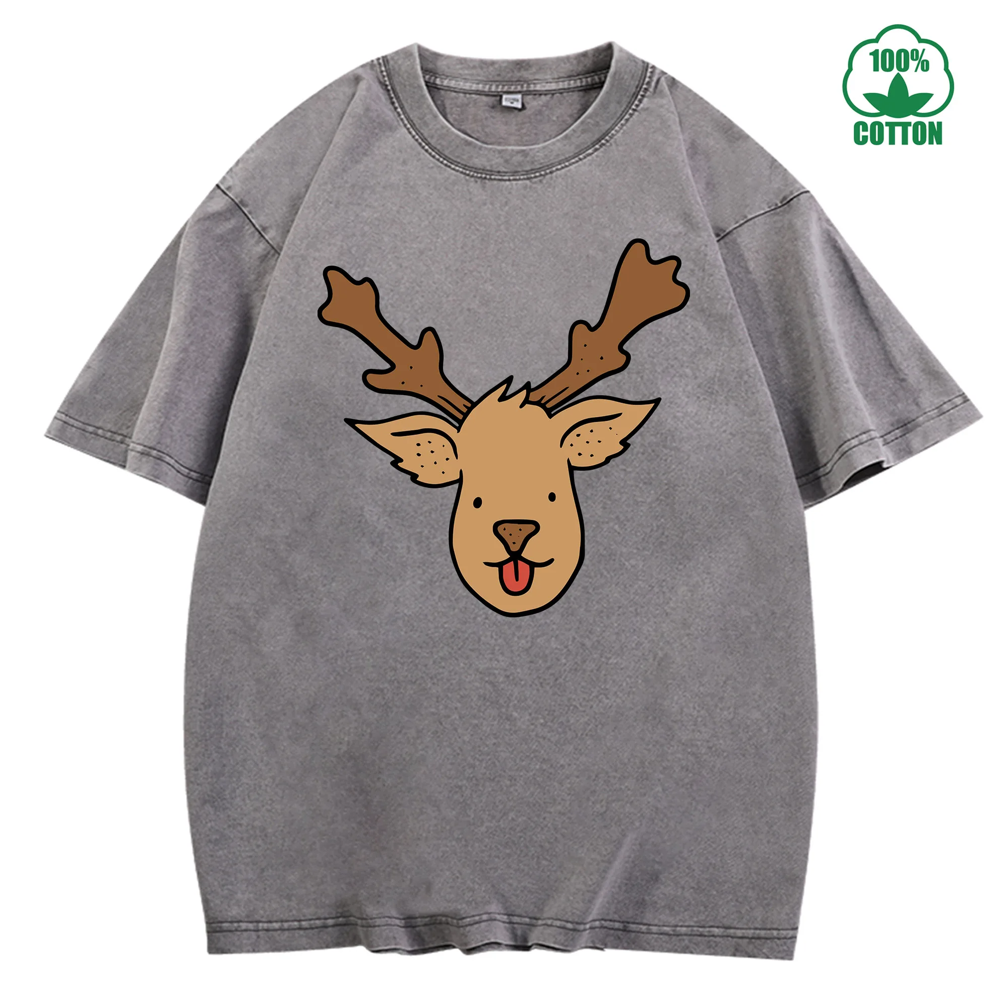 عيد الميلاد الرنة الجرافيك طباعة خمر غسلها تي شيرت 230 جرام 100% القطن للجنسين مريحة المتضخم الشارع الشهير #3