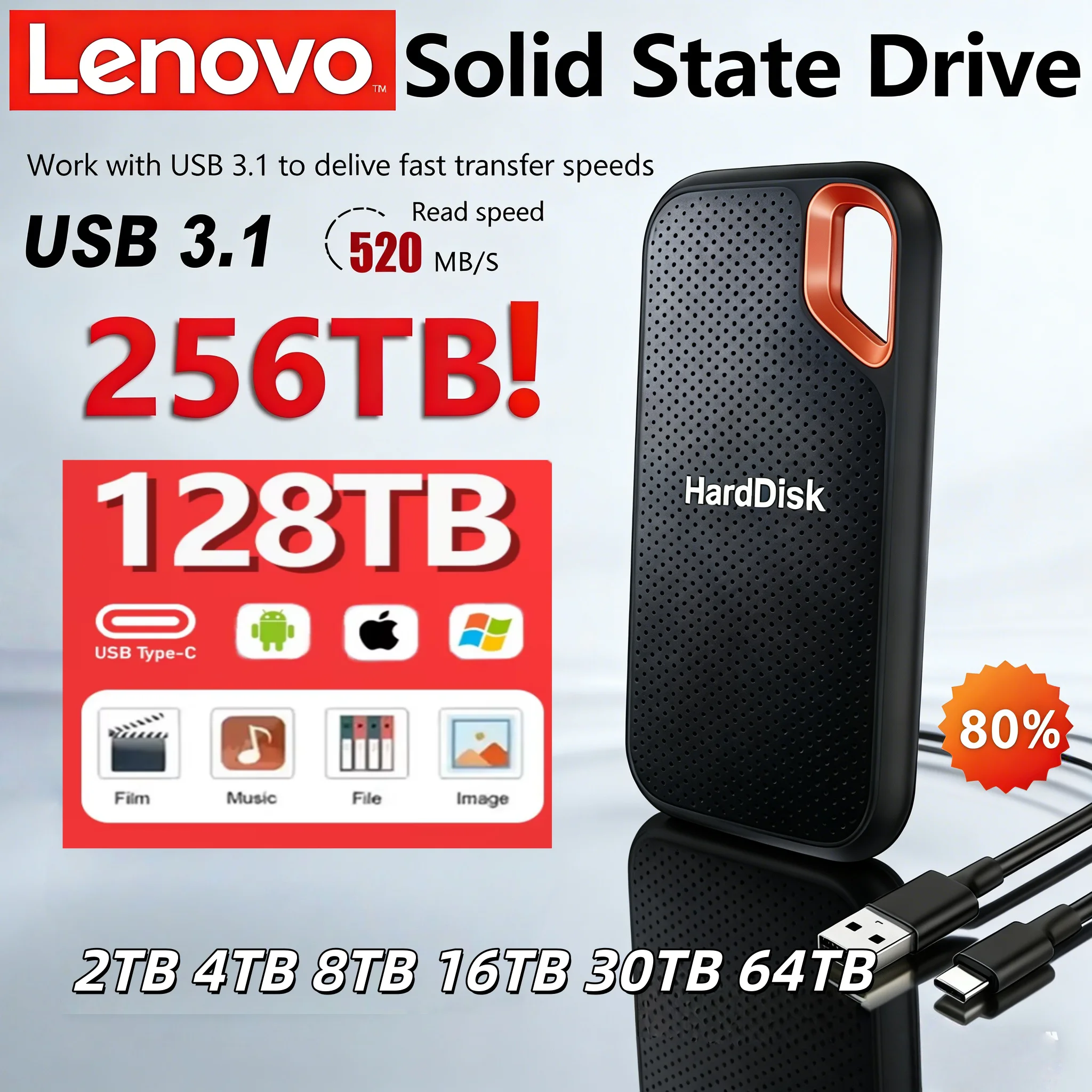 

Внешний твердотельный накопитель Lenovo E60 Mobile SSD 2 ТБ, 6 ТБ, 8 ТБ, 256 ТБ, USB 3.1, высокоскоростной портативный SSD для ноутбуков, ПК, PS5