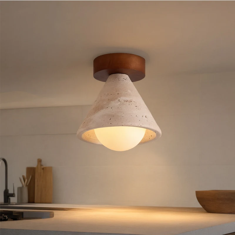 Retro Wabi Sabi Style Balcony Hallway Ceiling Light Yellow Cave Stone Walnut Wood Ceiling Lamp for Entrance Dressing Room
