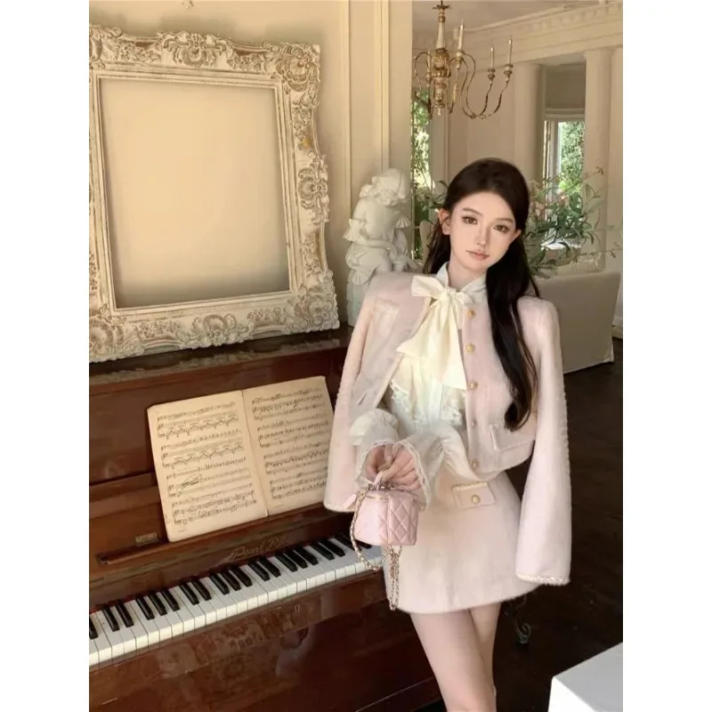 Xgoth Pink Women's Skirt Set Long Sleeve Short Tweed Jacket Tops Small Fragrance Hip Wrap Mini Skirts Hot Girls Three-piece Sets