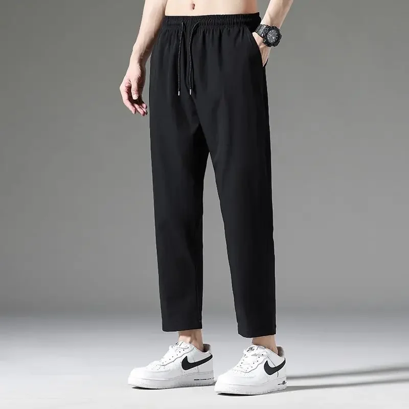 Summer Ice Silk Men's Pants Breathable Loose Straight Style Fashion Brand 2024 New Sports Nine Point Men's Casual Long Pants