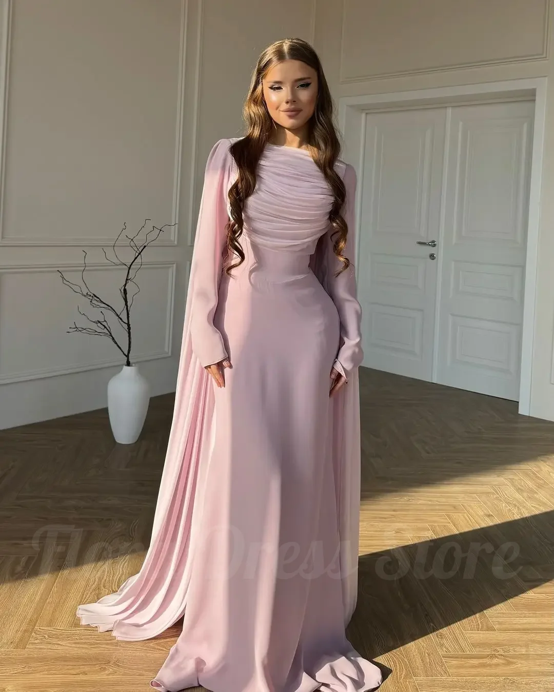 

Flora Dress Pink Chiffon Formal Evening Party Gowns O-Neck Arab Dubai Long Sleeves Prom Dress Mermaid Evening Dresses For Women