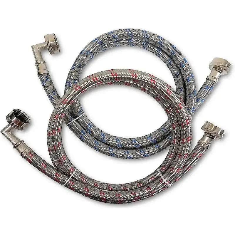 Stainless Steel Washing Machine Hoses with 90 Degree Elbow, 4 Ft Burst Proof (2 Pack) Red and Blue Water Connection