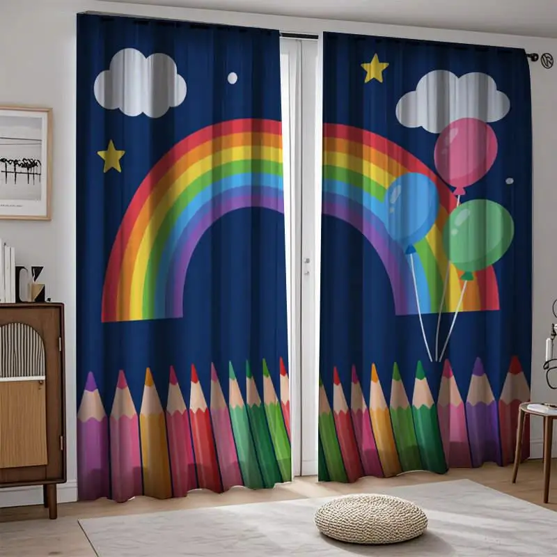 Colorful Rainbow Curtain, Cartoon Pencil Balloon Window Drape, Kids Room Nursery Blackout Panel, Creative School Decor