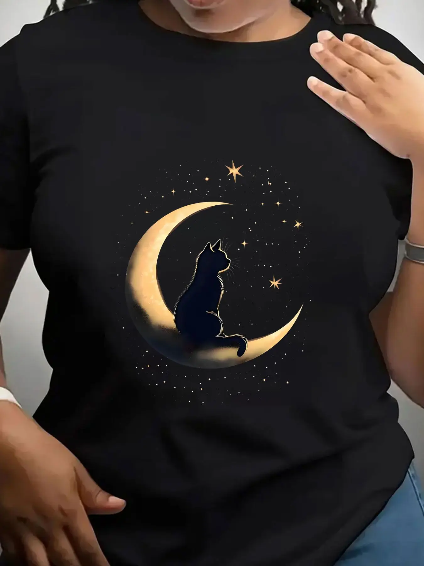 Women's Trendy Crew Neck T-Shirt Cat Sitting on Crescent Moon Suitable for Casual Sportswear