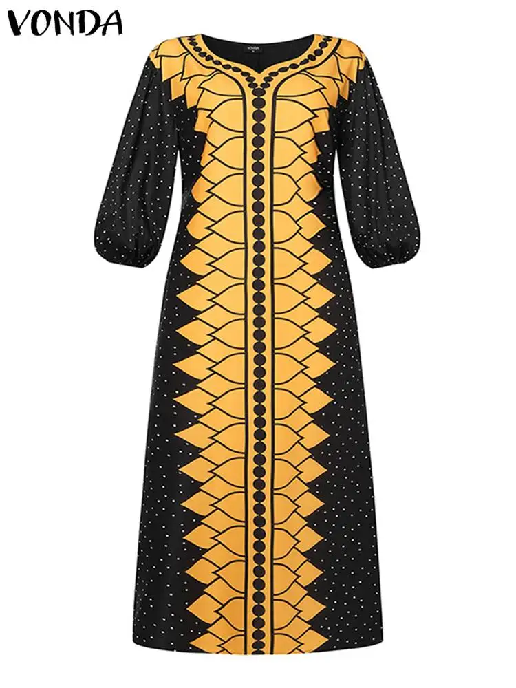 VONDA Bohemian Printed Maxi Dress 2024 Autumn Women V-Neck 3/4 Puff Sleeve Casual Long Sundress Loose Vintage Oversized Vestdo