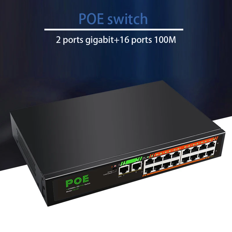 

RJ45 Hub POE Gigabit Network Switch Ethernet Smart Switcher 16 ports 100M+2 ports 1000M Internet Splitter Plug and Play VLAN