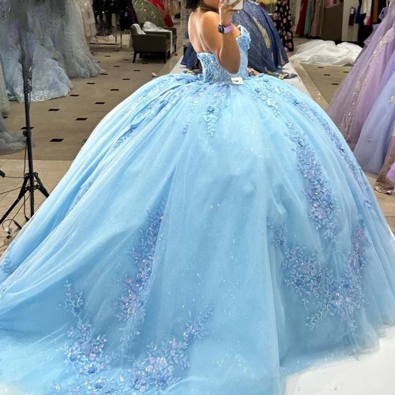 Angelsbridep Sky Blue Ball Gown Quinceanera Dresses 2025 With Appliques Glitter Tulle Prom Party Dress Woman Vestidos De Festa