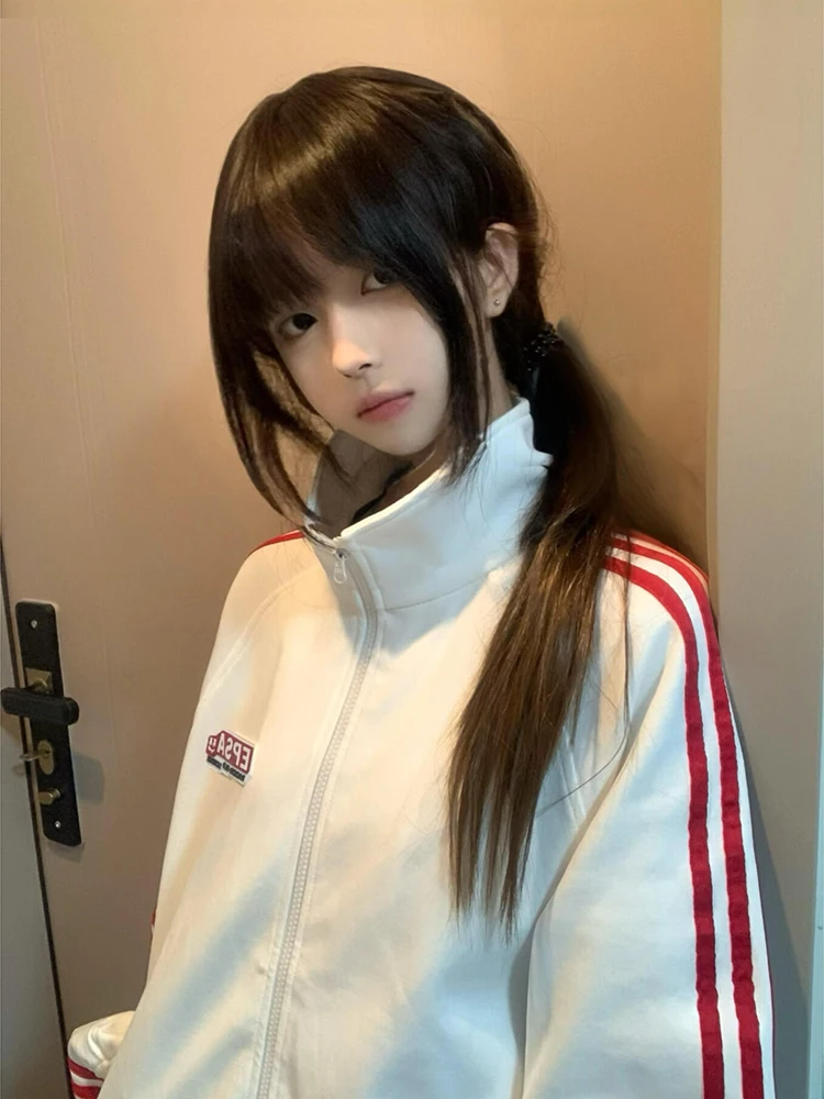 

Американский уличный стиль: цветной полосатый кардиган-свитшот на молнии с воротником-стойкой для женщин, весна-осень, в университетском стиле