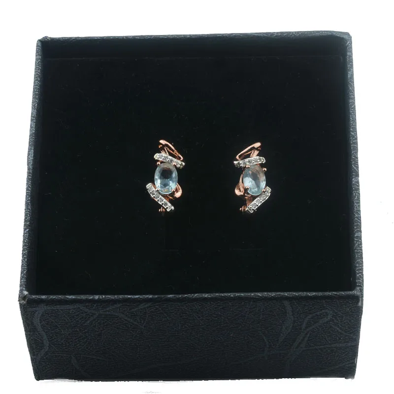 FJ New Ladies 585 Rose Gold Color Light Blue Stone Party Earrings