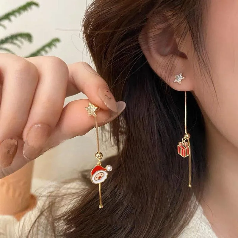 Xmas Santa Claus Drop Earrings Christmas Tree Snowflake Long Tassel Chain Earrings for Women Fashion Jewelry New Year Gift 2023