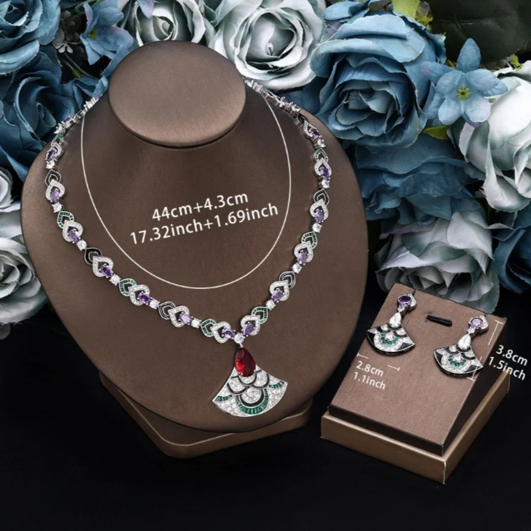 Vintage Wedding Jewelry Set for Women Zircon Fan Shape Necklace And Earrings Elegant Retro Accessory for Special Occasions