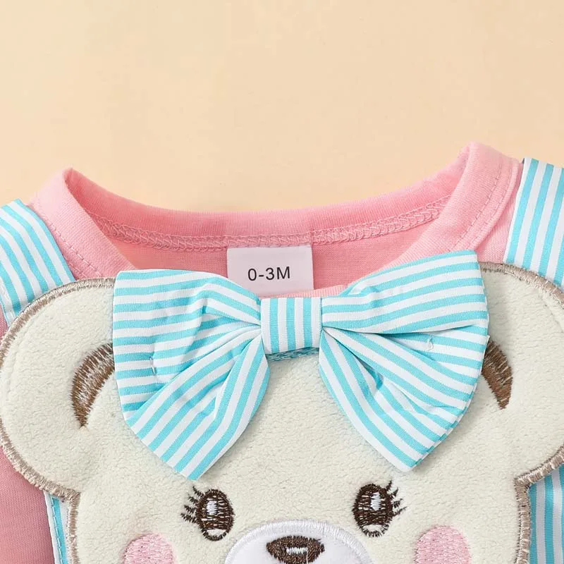 Newborn Baby Girl 2Pcs Set Adorable Cartoon Bear Bodysuit Striped Skirt Set with Matching Bow Headband Infant Outfits 0-1 Years