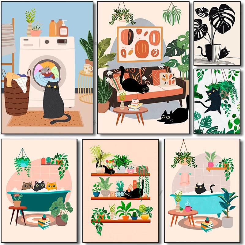 Affiche colorée illustrant la vie d'un chat mignon de dessin animé, impression sur toile, images d'art murales, peinture sur toile, décoration pour salon, chambre à coucher, maison G