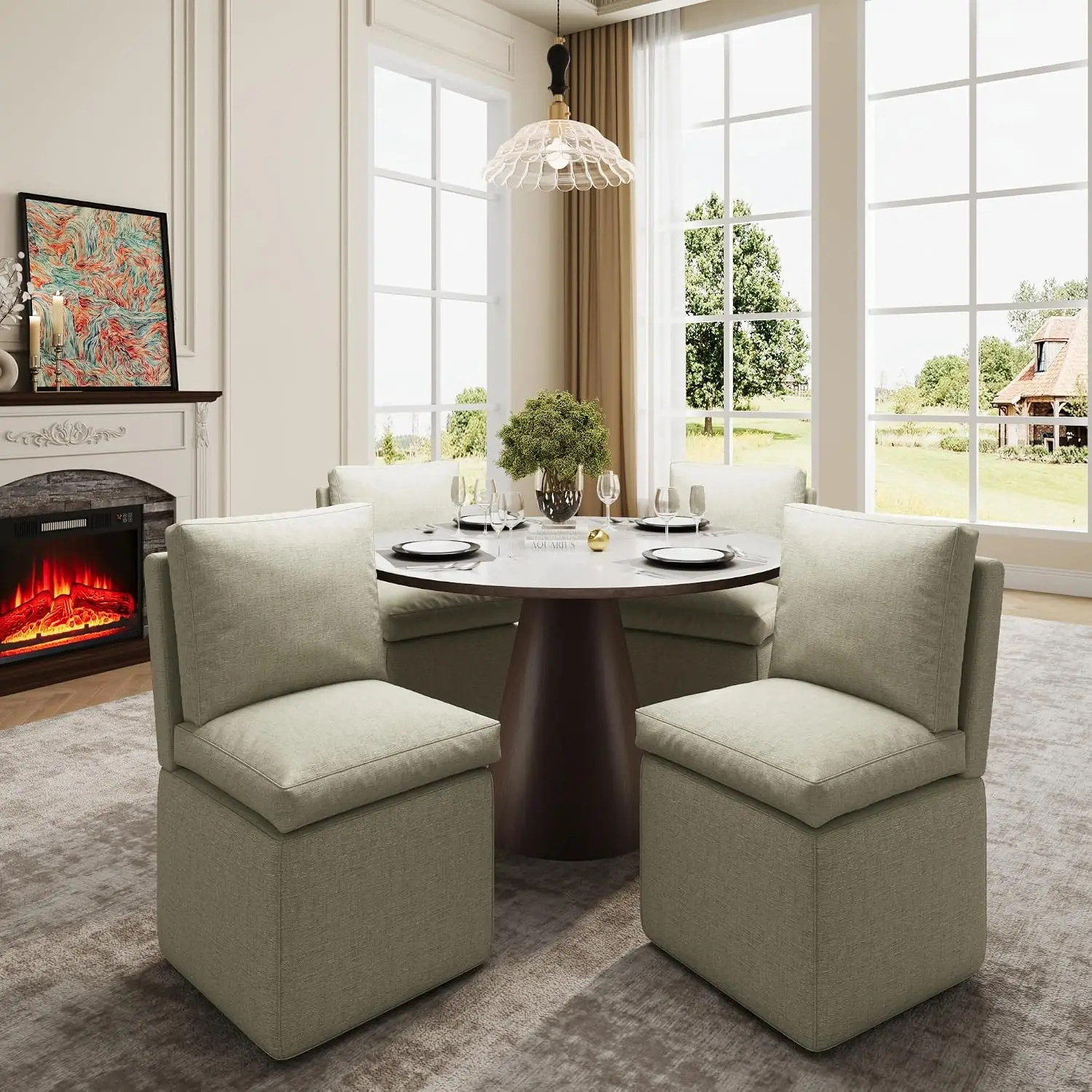 Armless Upholstered Dining Chair with Storage & Casters, Linen Guest Seat for Bedroom & Reading Room, Set of 4, Grey, Customized
