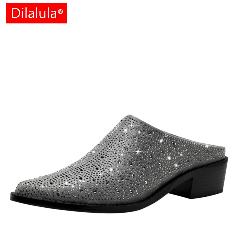 Dilalula Fashion Covered Toe Thick Heels Rhinestone Mules Women Sexy Pointed Toe Crystal Slippers Ladies Summer Plus Size 2025