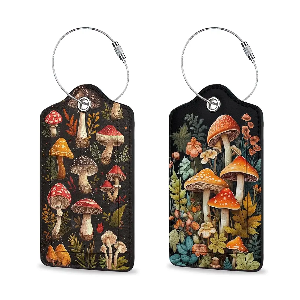 

Набор из 2 бирок для багажа в стиле ретро с грибами, милые уникальные кожаные идентификаторы для сумок, защитные ID-этикетки с прочным чехлом для конфиденциальности