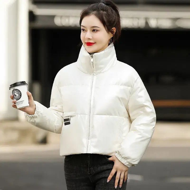 Cropped Down Jacket para Women, Cotton Coat, Long Sleeve, White, Black Outerwear, Thick Jackets, Warm, Korean Chic, Winter, New