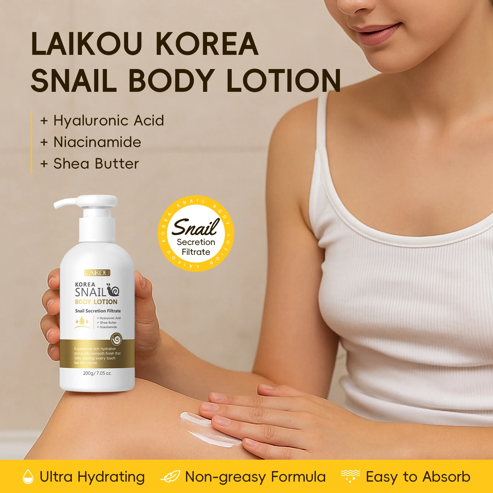 LAIKOU Korea Snail Body Lotion 200g Ultra Hydrating Non-greasy Easy Absorb Silky Smooth Daily Body Care