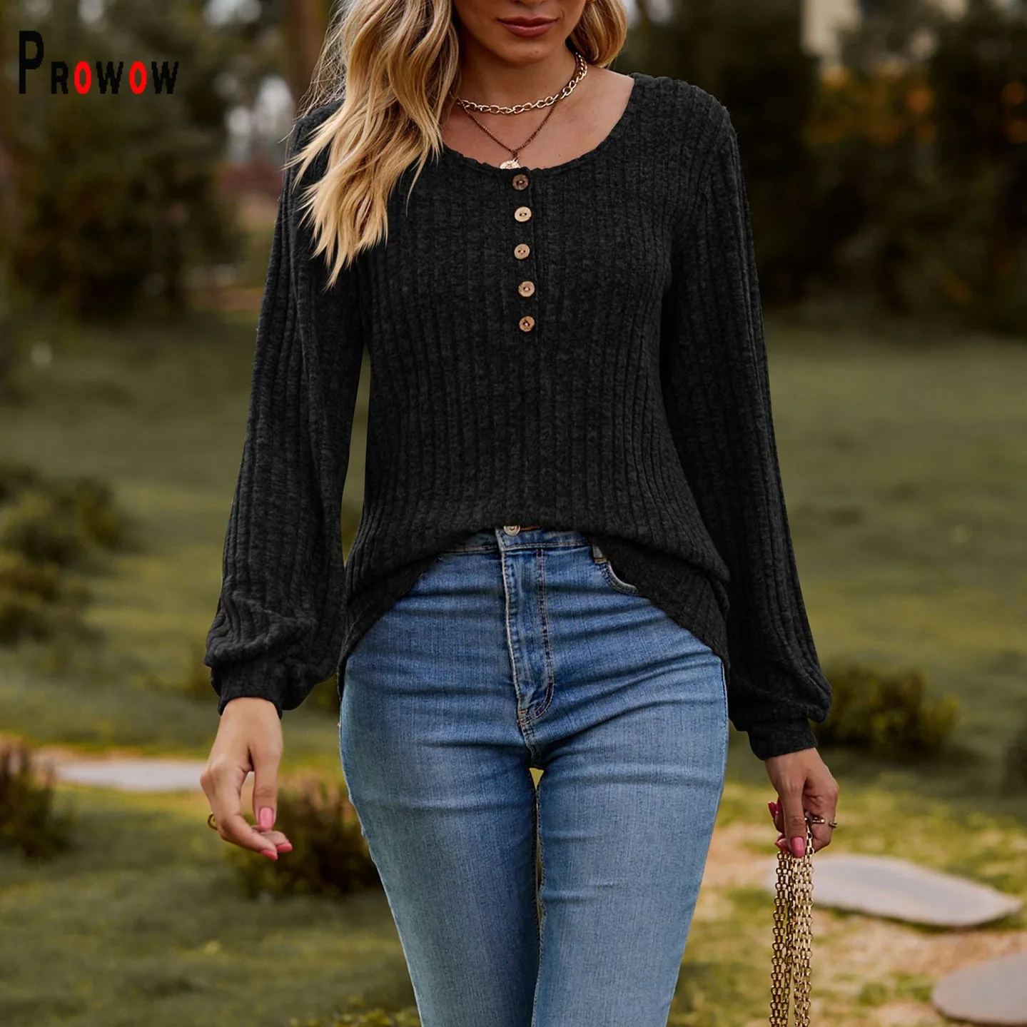 Prowow Long Sleeve Basic Women's Shirts O-neck Button Spring Fall Casual Female Tops Clothes Solid Color Slim Fit Pullovers