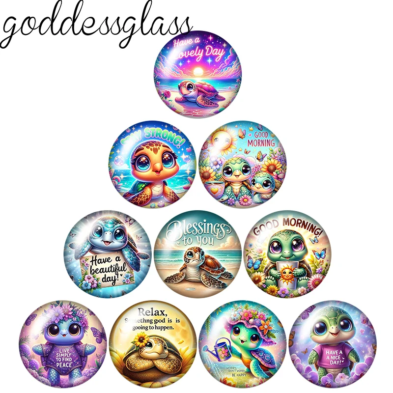 Positive Words Sea Turtle Cute cartoon 10pcs 12mm/20mm/25mm Round photo glass cabochon flat back Making findings Jewelry