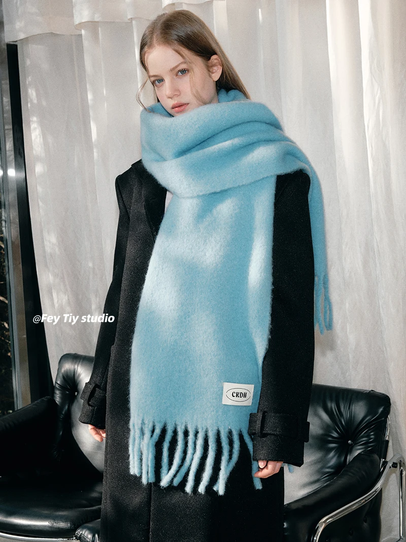 

Fashion Wool Simple Solid Color Scarf Icelandic Blue Autumn and Winter Warm Versatile Temperament Mohair Shawl for Women