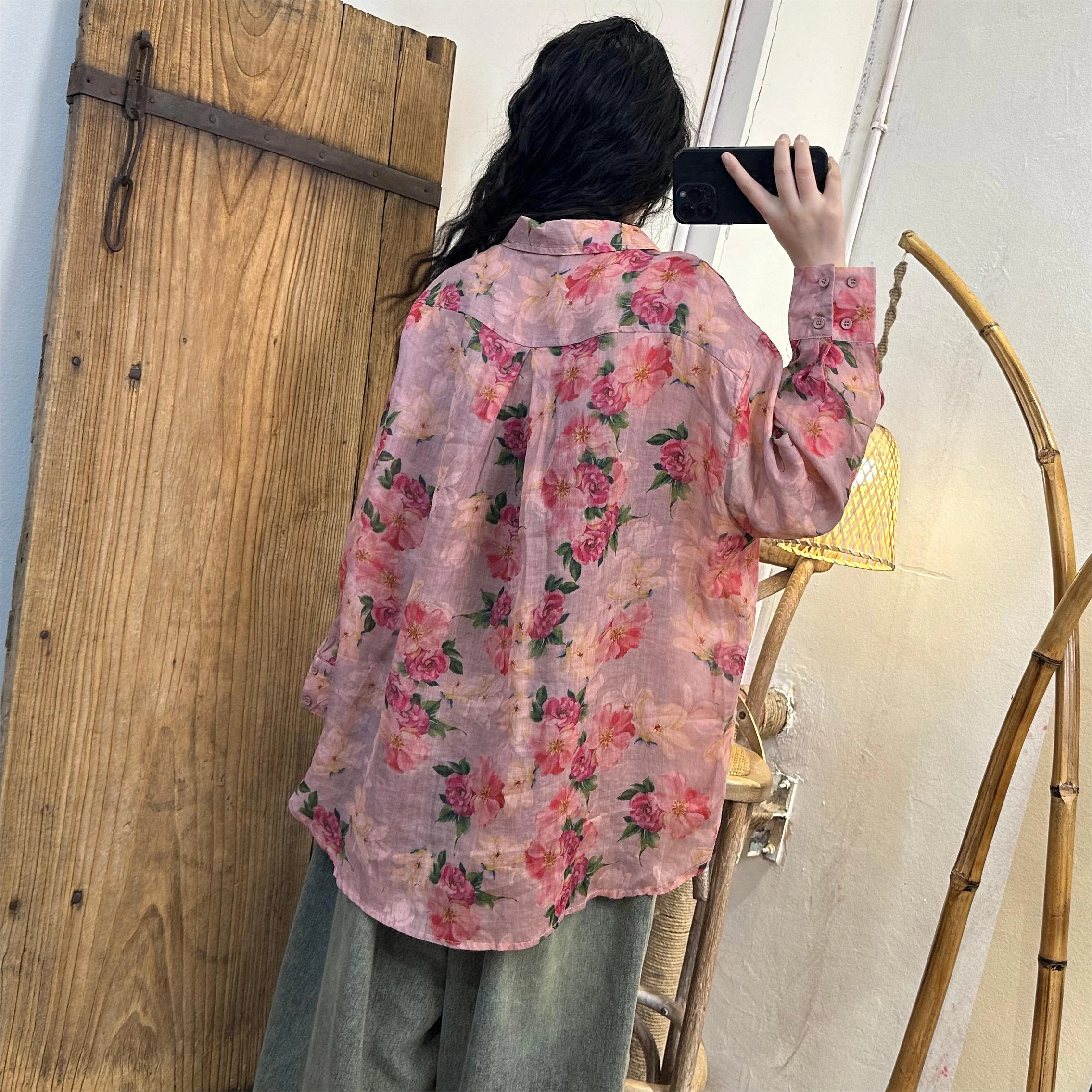 

Loose Ne irt Medium Length Floral Print Cotton Sun Protection Top for Early Autumn Women's Faion Traditional Chine...