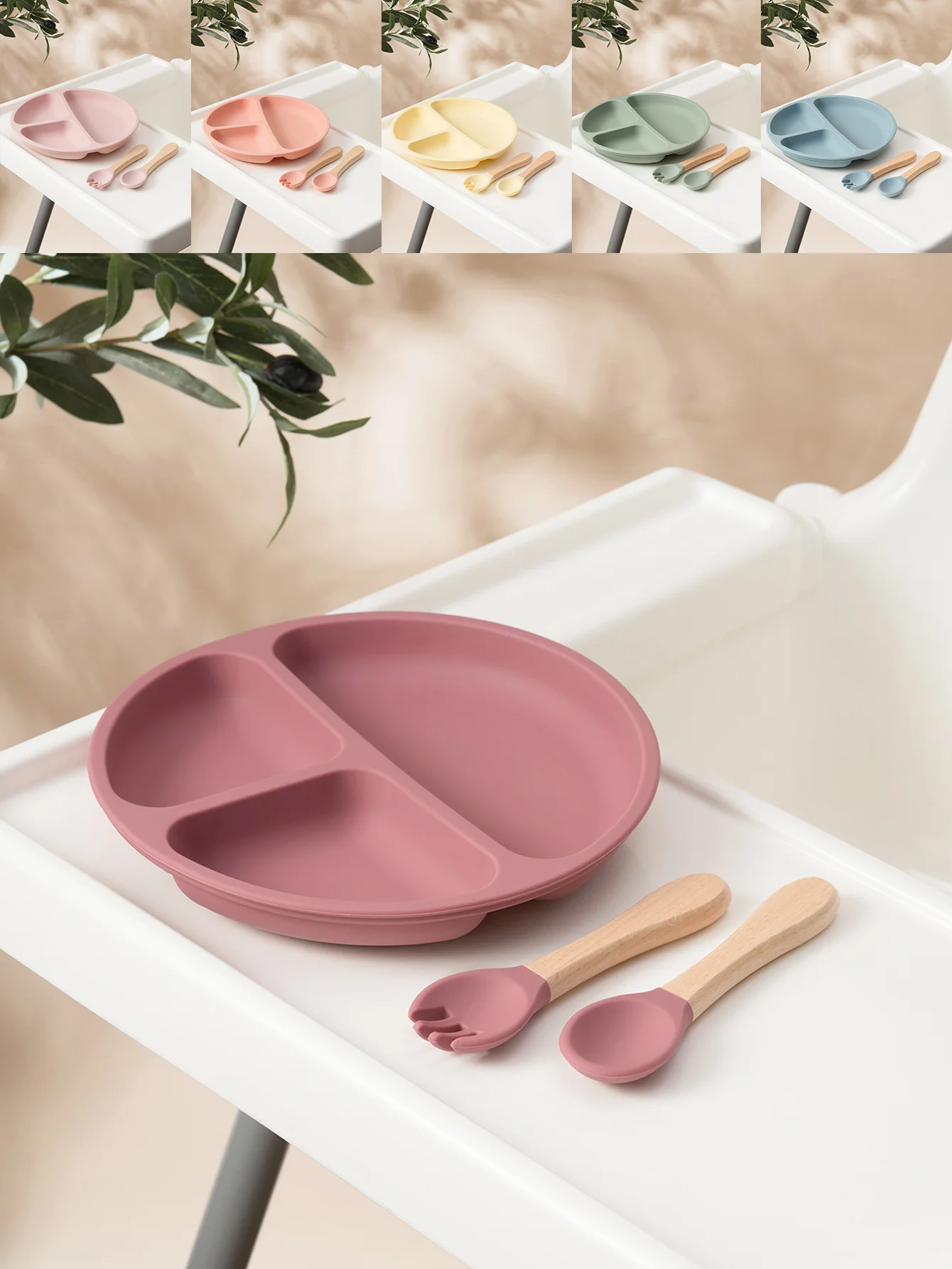 3PCS Baby Silicone Feeding Set Suction Plate Wooden Spoon Fork BPA Free Toddler Training Tableware Essentials Baby Stuff