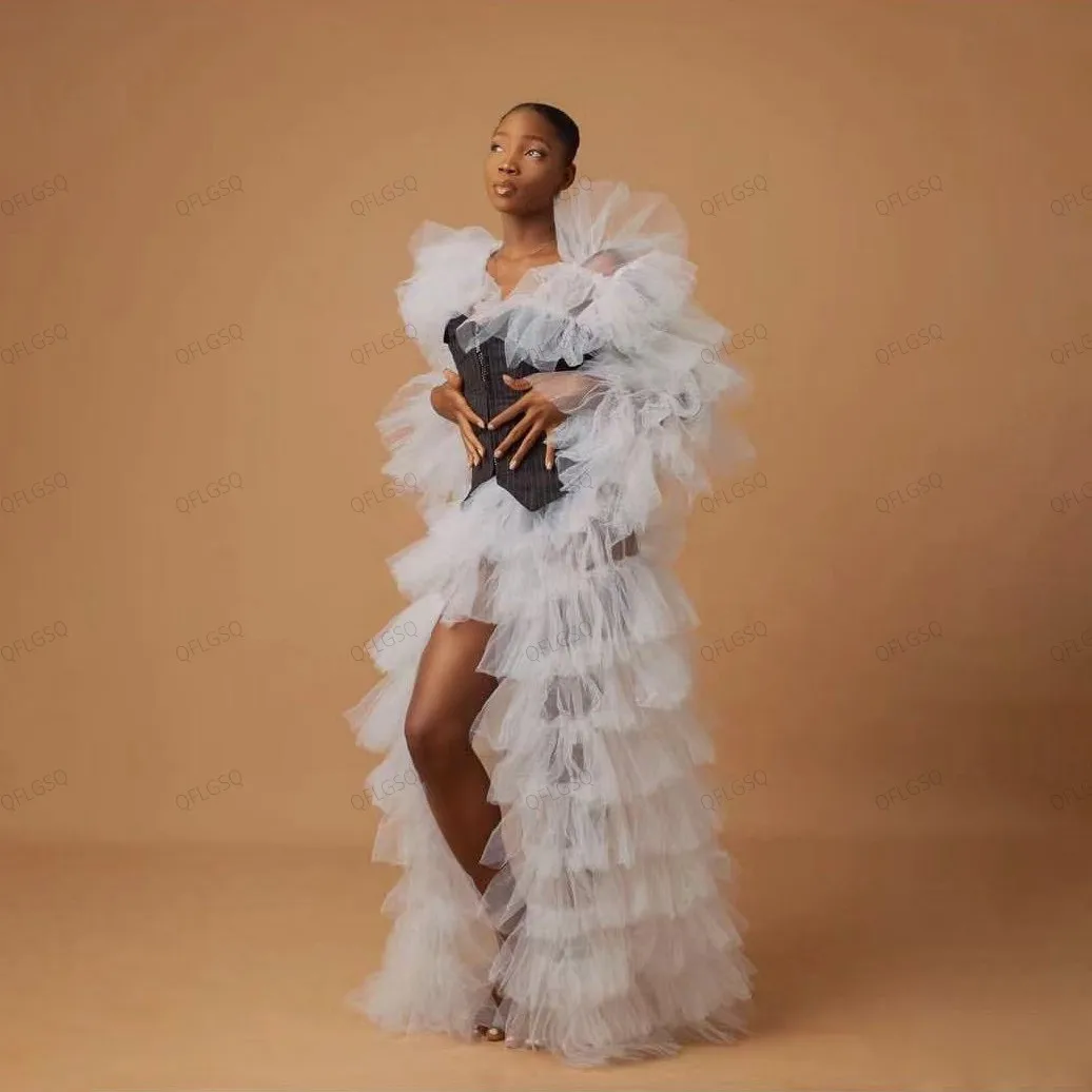 Vestido feminino em camadas brancas avançadas, vestido transparente de tule sem espartilho preto, vestido de festa exuberante com mangas
