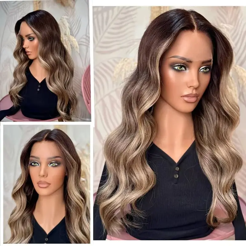 Loose Deep Dark Brunette Brown with Blonde Money Piece Highlights Lace Front Wig High Temprature Synthetic Wig part wig women