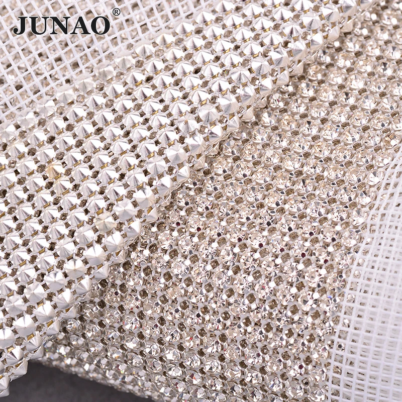 JUNAO 36 Rows*5Yard SS12 Clear Sewing Glass Rhinestone Trim Crystal Mesh Fabric Strass Banding Sheet Applique For Wedding Dress