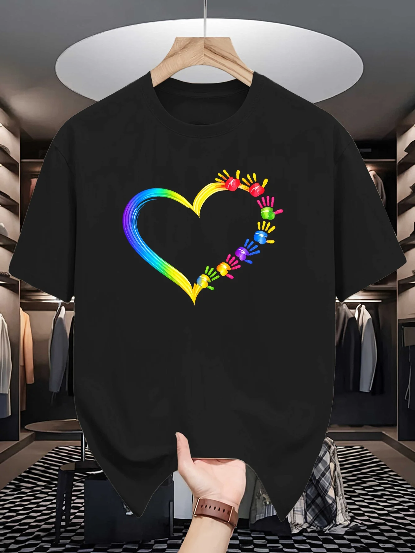 Rainbow Handprint Heart Mens Crew Neck T Shirt Colorful Palm Love Shape Unity Symbol Graphic Short Sleeve Casual Street Tops