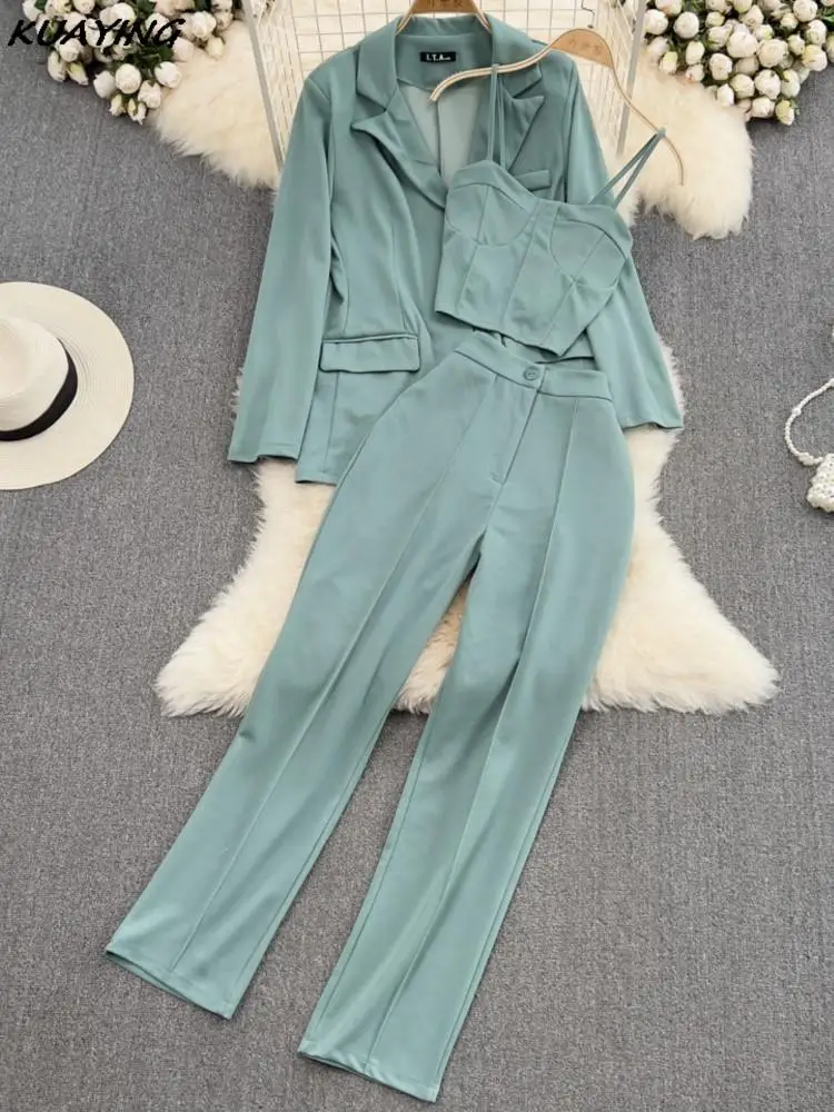 Women Office Suit Loose Blazer Jacket Vintage Spaghetti Strap Vest High Waist Casual Pants Formal Female Trousers 3 Pieces Set