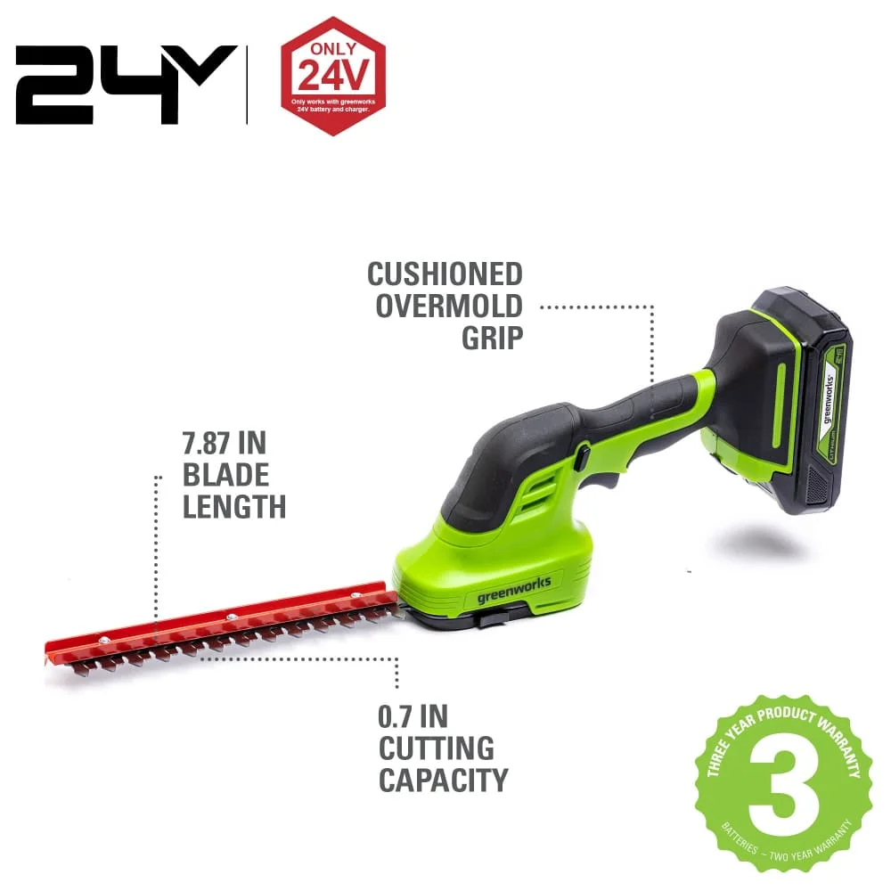 Greenworks 24V Cordless Shear Shrubber 1.5Ah USB Battery and Charger Included