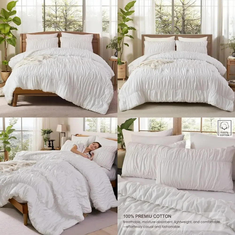 

Cotton Ruched Comforter Set in White for Queen Size - 100% Cotton Shabby Chic Bohemian Bedding with Romantic Vintage Ruffles