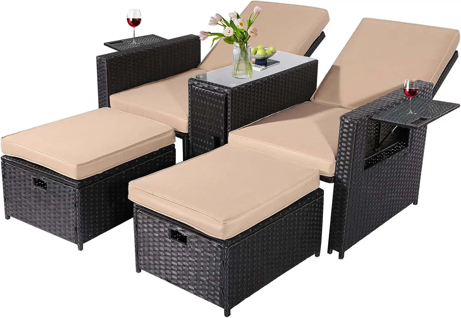 5 STKS Outdoor Rieten Chaise Lounge Stoel - Rotan Verstelbare Liggende Patio Lounge Stoel met Poef en Salontafel, voor Pati