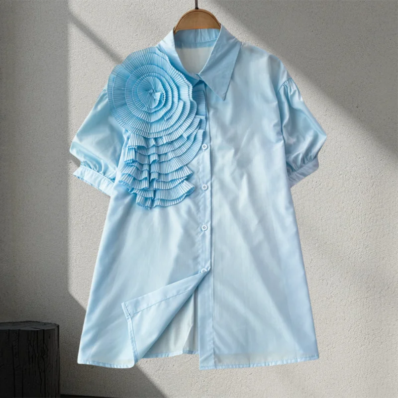 EWQ Summer Short Sleeves Shirt For Women Pleated 3D Floral Spliced Design Solid Color Tops Versatile 2024 New Clothing 27C706