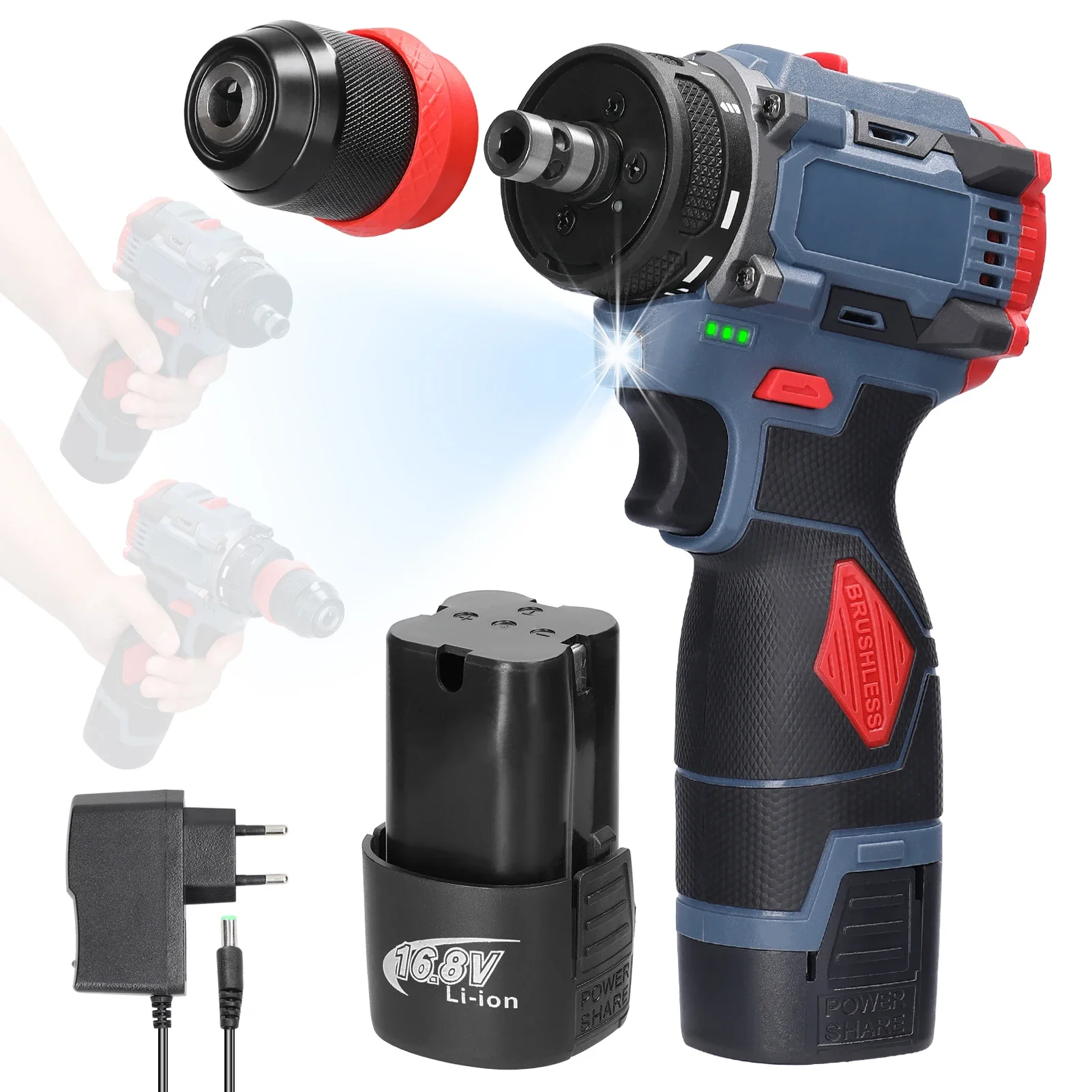 16.8V 2in1 Lithium Drill Electric Screwdriver Multi-function Power Tool 45Nm Torque Brushless Motor Practical Screw Driver